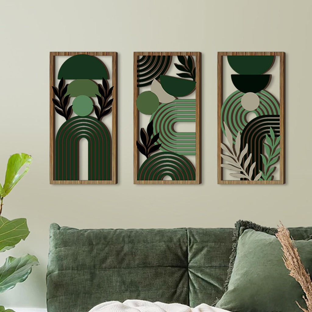 LB Modern Geometric Wall Art Set of 3, Boho Abstract Mid Century Wall Decor Wooden Framed, Green Striped Black Leaf