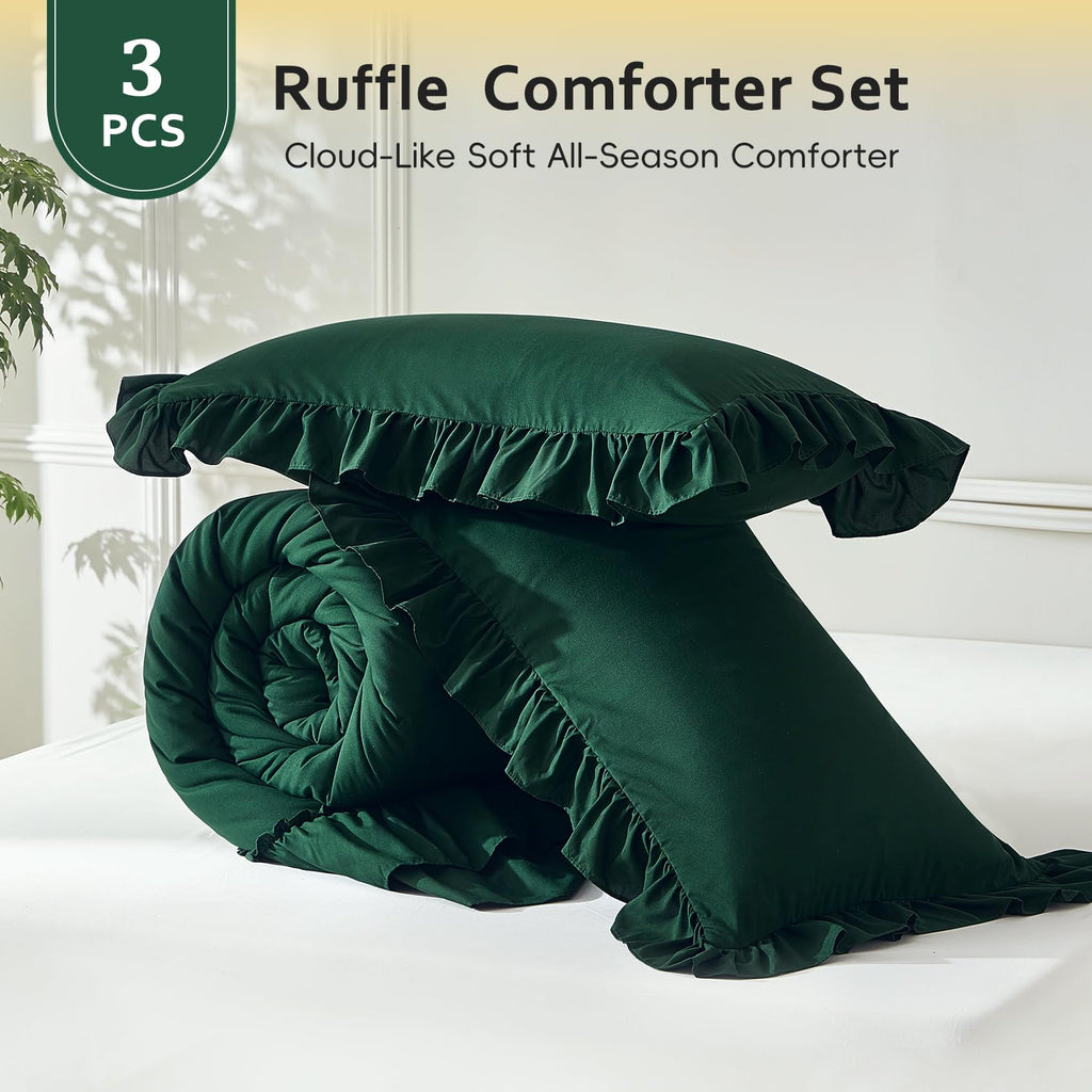 Dark Green Ruffle Comforter Set 3‐Piece Farmhouse Bedding