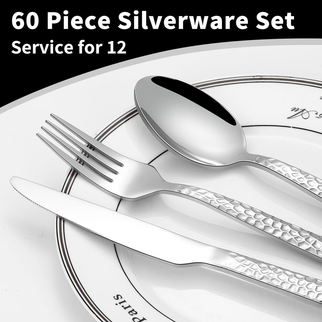 60 Piece Silverware Set for 12, Stainless Steel Hammered Flatware Set, Kitchen Utensil Cutlery Silverware Set Include