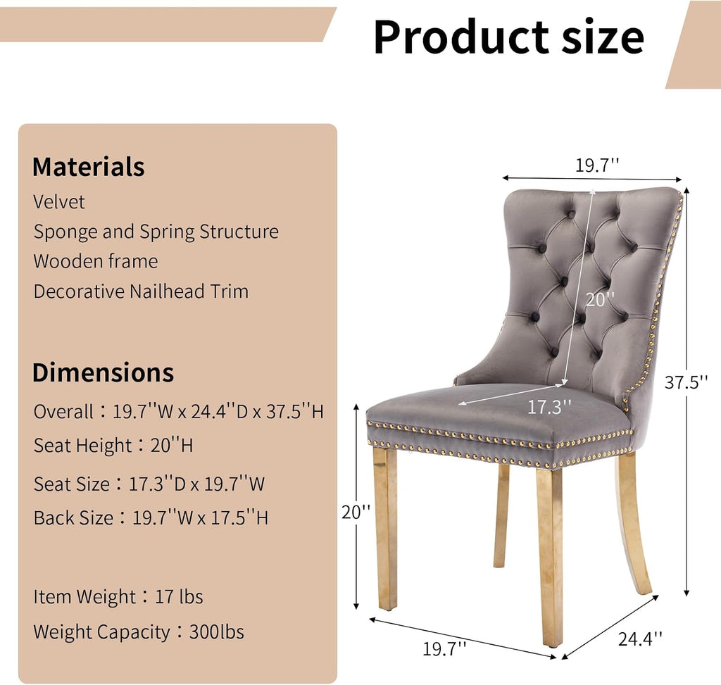 Luxury Upholstered Dining Chairs Set of 4, Grey Kitchen Chair with Golden Metal Legs, Velvet Tufted Back Dining Chair