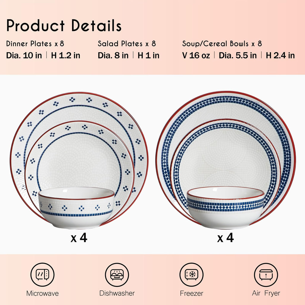 Dinnerware Sets for 8, 24-Piece Stoneware Plates and Bowls Sets for 8 Everyday Dishware Sets for 8, Microwave Safe