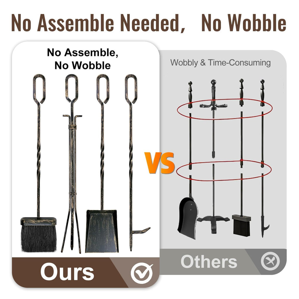 5 Pieces Fireplace Tools Sets Wrought Iron Fireplace Set Antique Brass Copper with Poker Tongs Broom Shovel Stand
