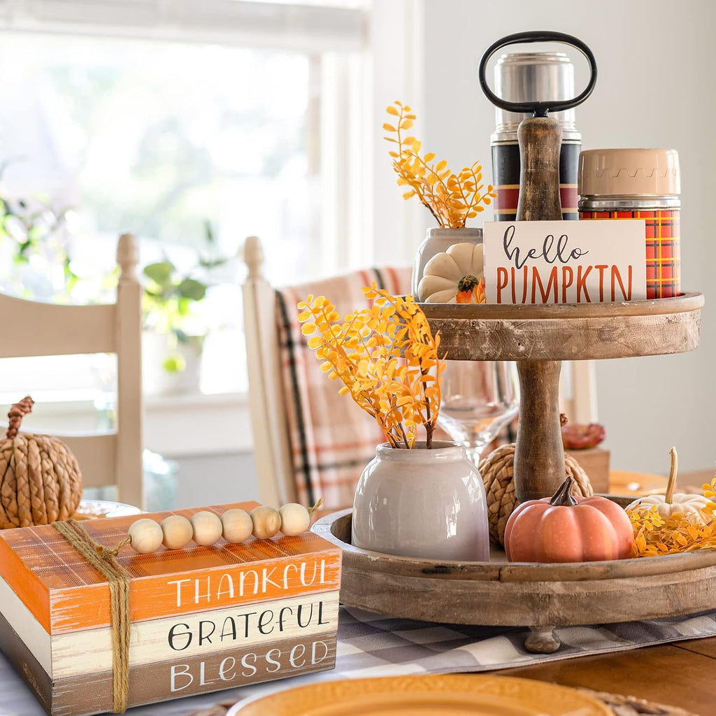 Fall Wooden Tiered Tray Decor Plaid Faux Decorative Stacked Books Bundle Thankful Grateful Blessed Wooden Block Sign