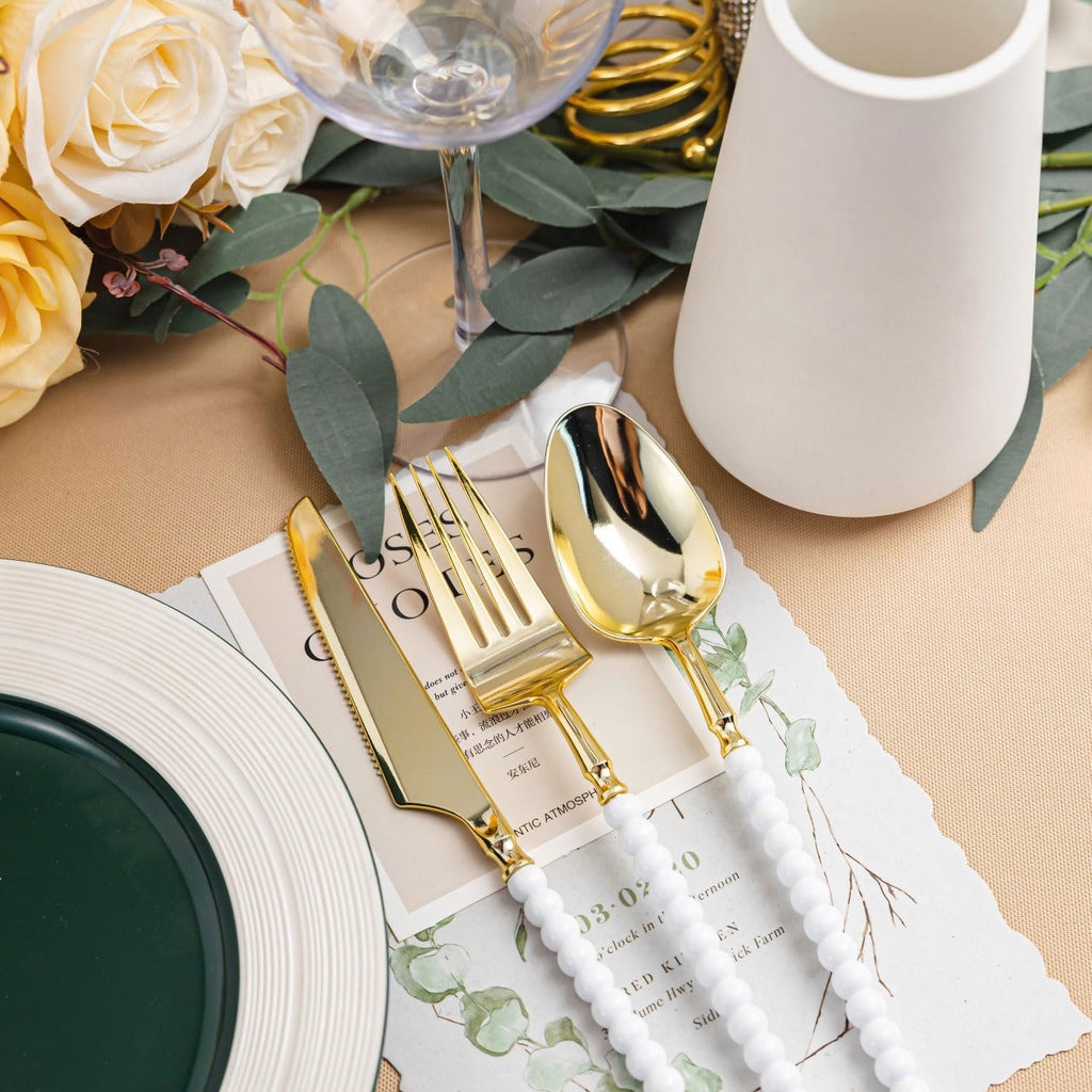 120 Pcs Gold Plastic Silverware with White Beads Handle