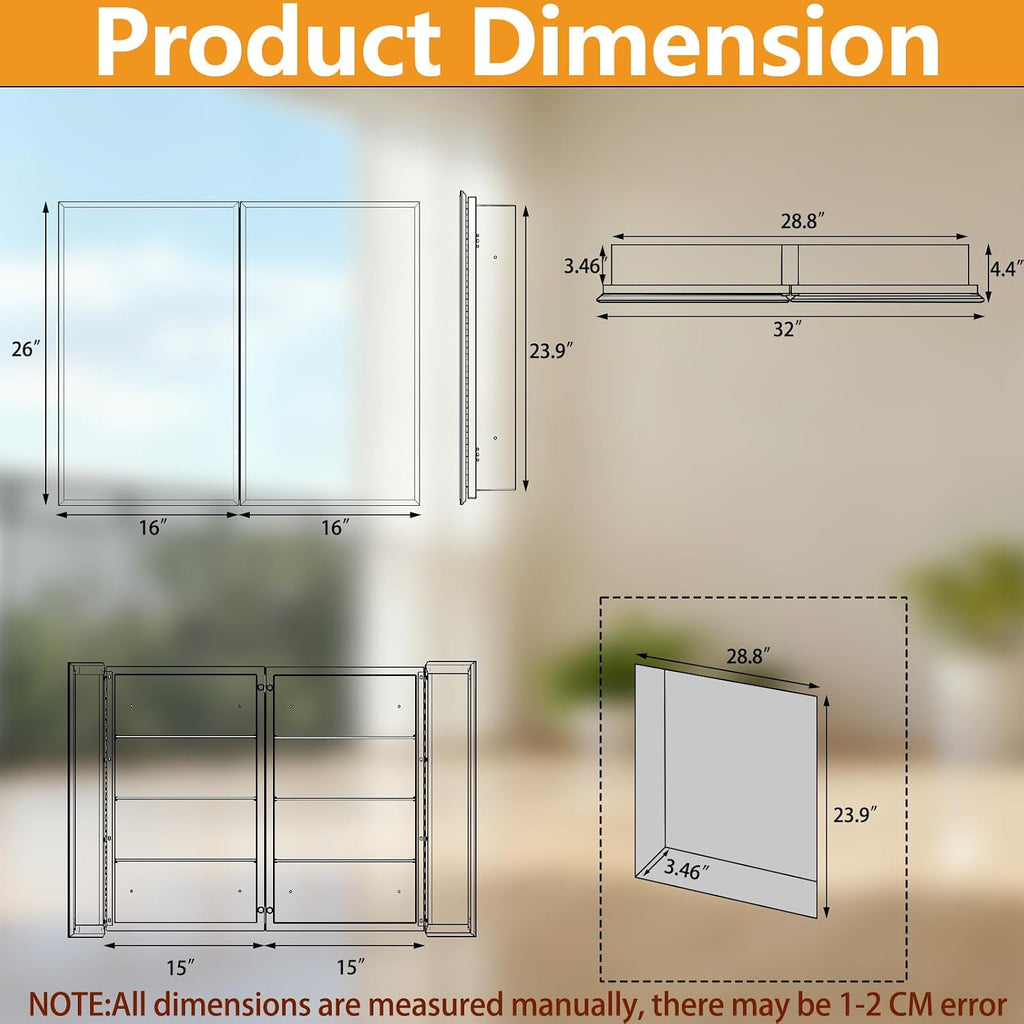 26 x 32 Inch Bathroom Medicine Cabinet with Double Mirror Doors, Recessed or Surface Mount Wall Cabinet , Plastic