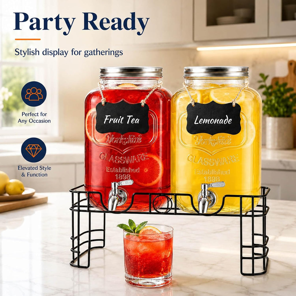 Gallon Glass Drink Dispenser, 2 Pack with Stand for Parties - Set of 2