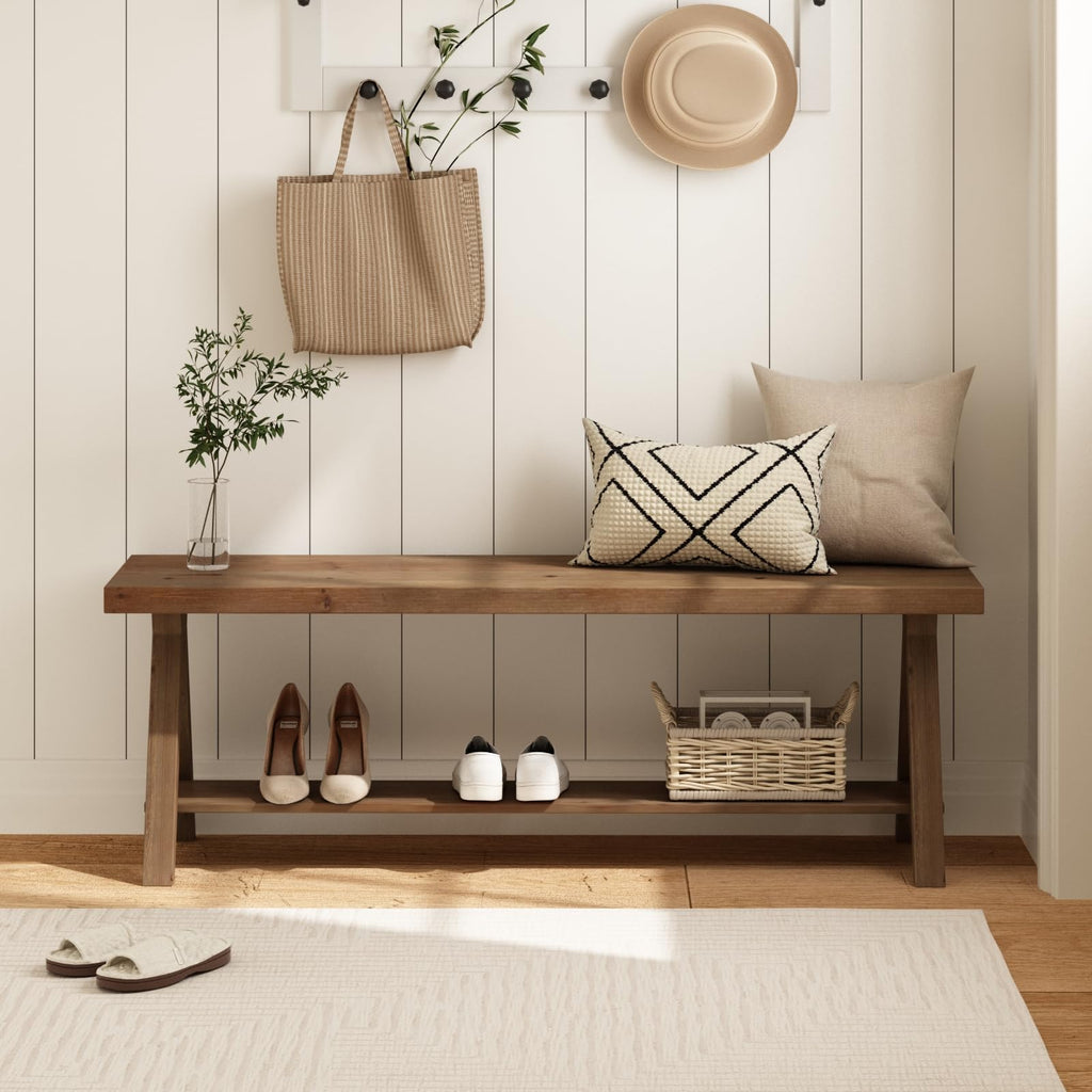 51" Solid Wood Bench, Long Farmhouse Entryway Bench with Storage