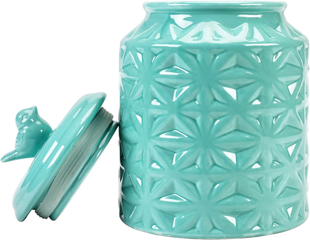 Turquoise Ceramic Cookie Jar with Lid, Embossed Star & Bird Design