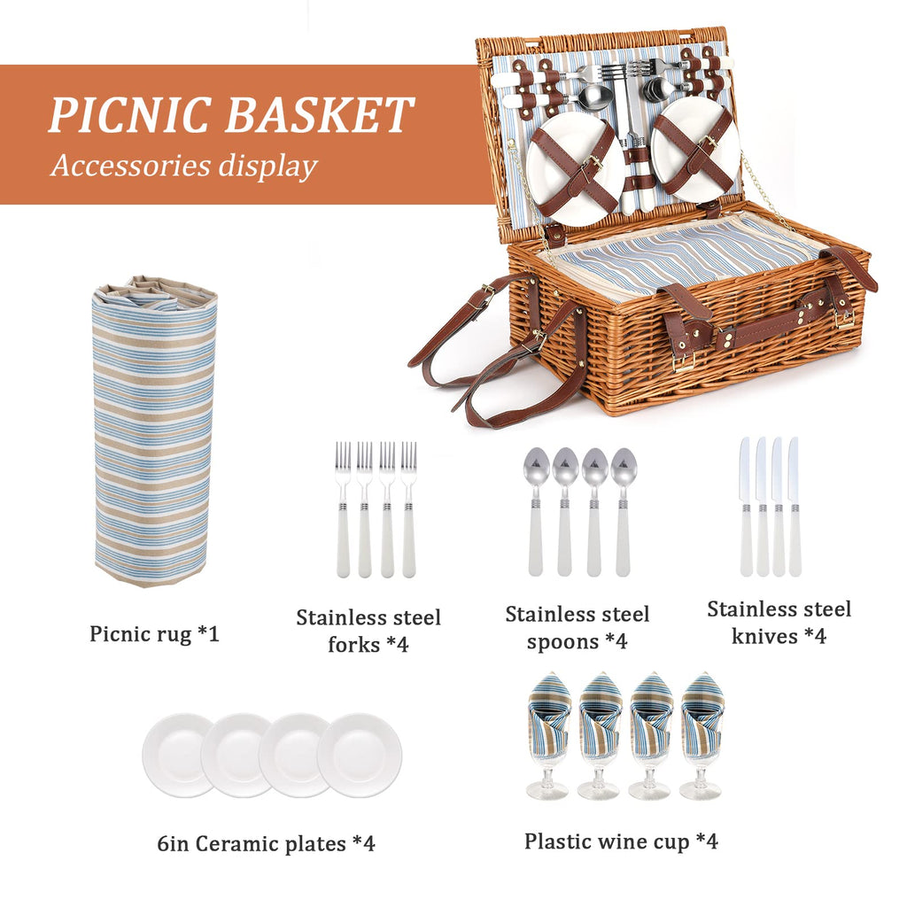 Wicker Picnic Basket for 4 with Waterproof Blanket Blue Stripes