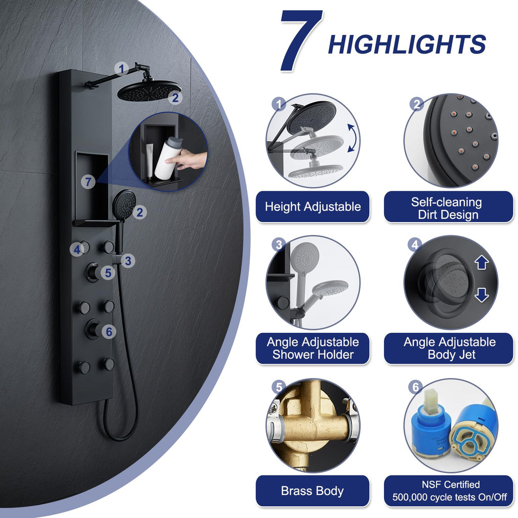 Shower Panel Tower System with Shelf & 6 Body Jets, Matte Black