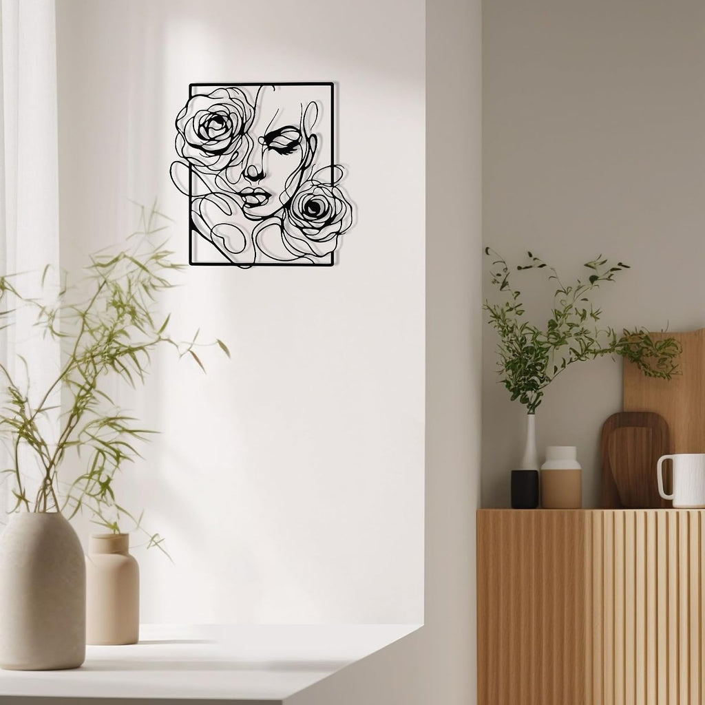 Black Metal Wall Art Rose Silhouette for Women Minimalist Decor