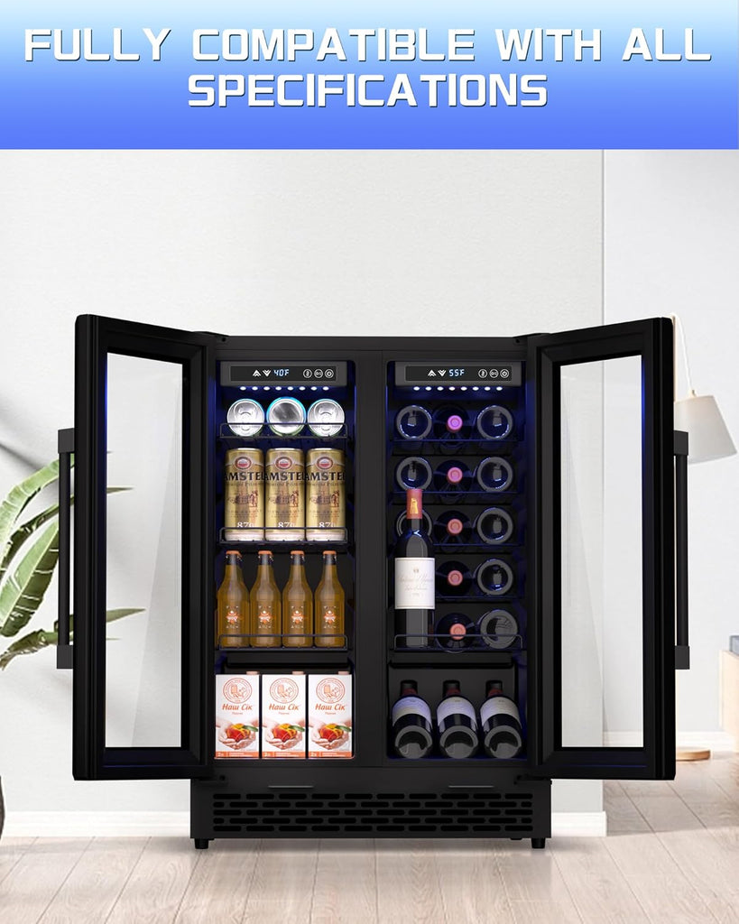 French Door Beverage Refrigerator, 24 Inch Dual Zone Built-in Fridge with Glass 
