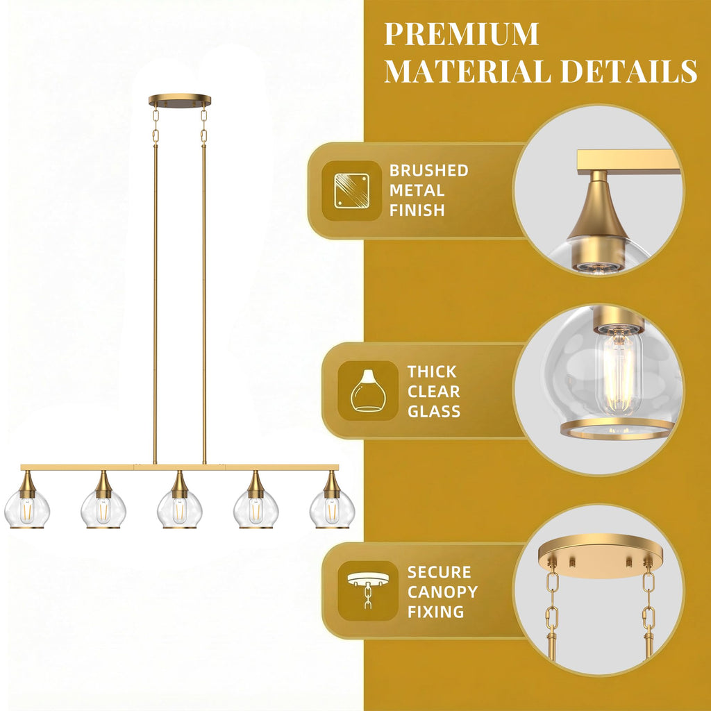 Gold Kitchen Island Linear Pendant Light, 5-Light, E26 Base