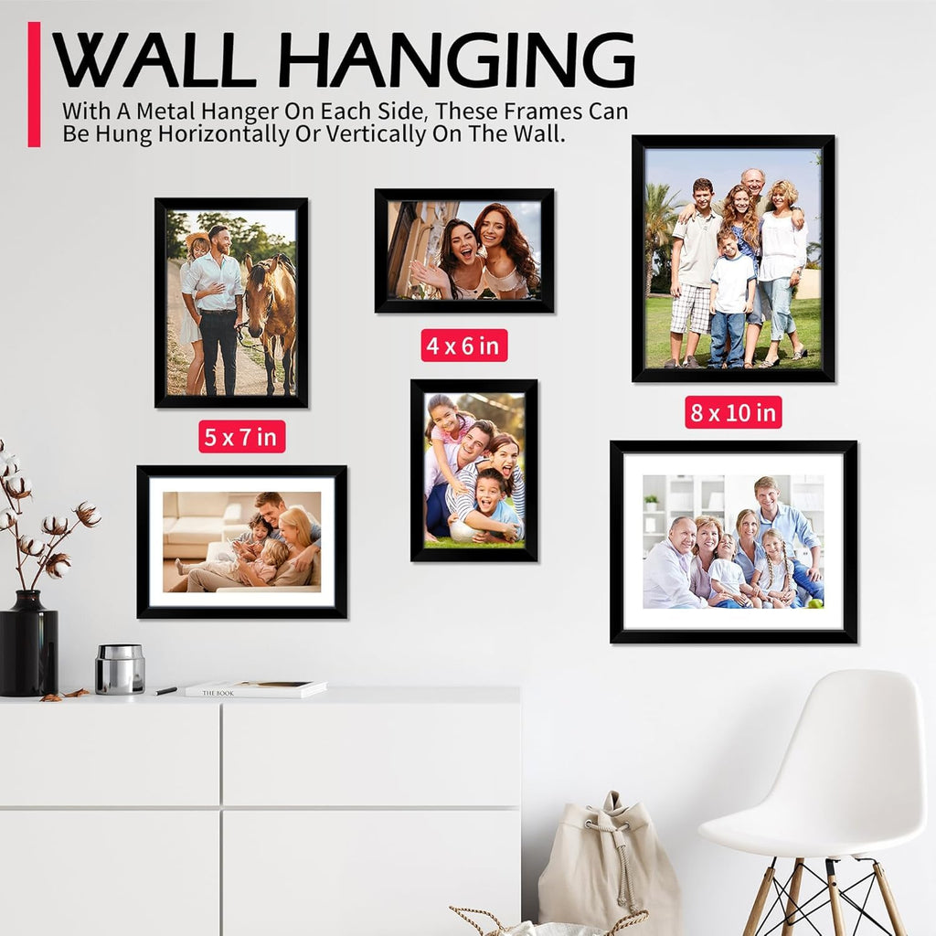 8x10 Picture Frame Set of 8, Black Photo Frames for Tabletop or Wall Display, Fits Pictures 5x7 with Mat or 8x10