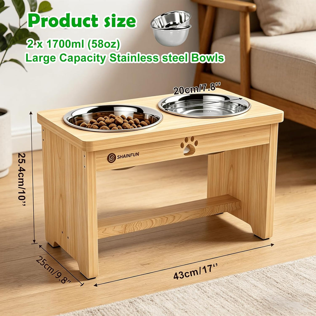 Elevated Dog Bowls with Slow Feeder & Mat for Medium and Large Dogs, 10" Tall Wooden Raised Dog Bowl Stand, 2