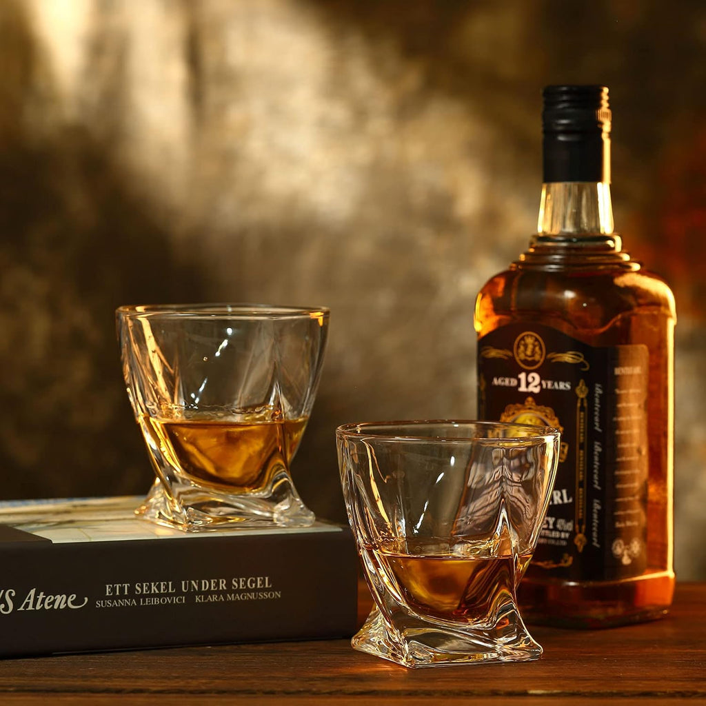 Whiskey Rocks Glass, Set of 4 (2 Crystal Bourbon Glasses, 2 Round Big Ice Ball Molds) In Gift Box - 11 Oz Old