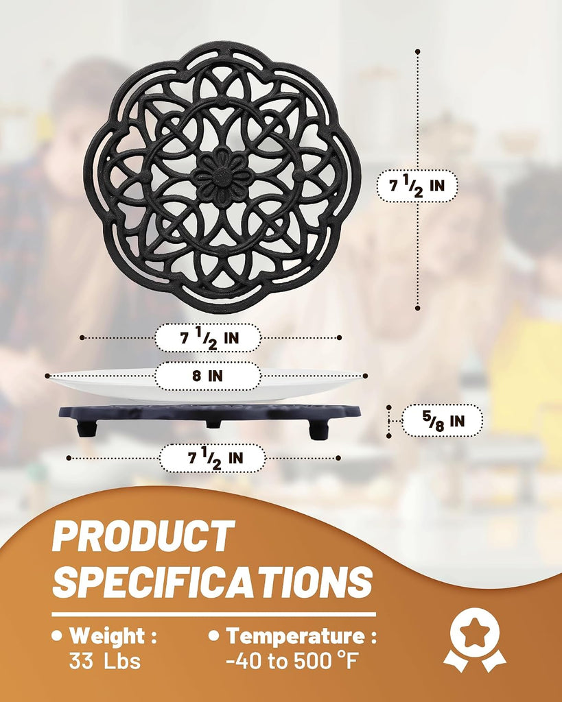 Black Flower Cast Iron Trivet 2-Pack & Dining - 7.5in Decorative Flower Pattern Hot Dish Pads, Heat Resistant Pot - Set of 2
