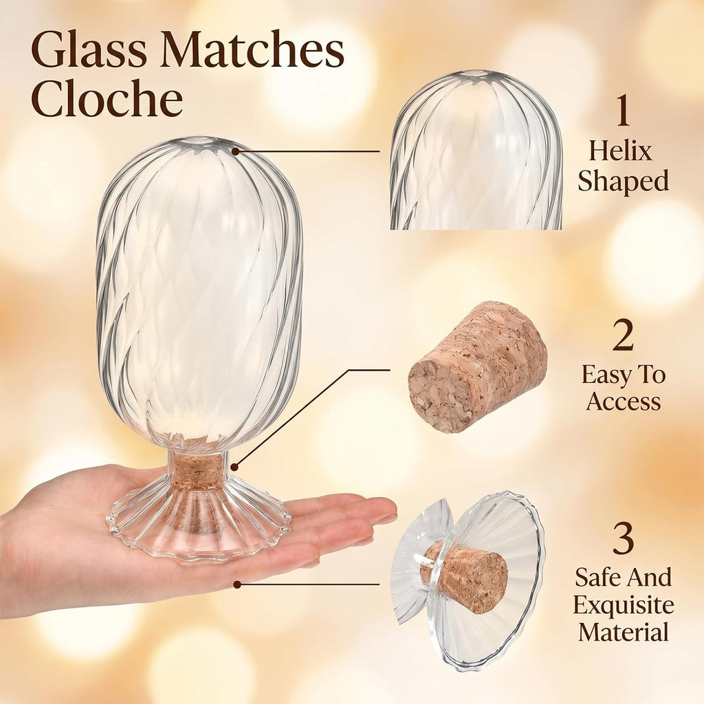 Helix Shaped Glass Matches Cloche Decorative Matches Jar for 4 Inch Candle-Matches Trendy Fireplace Display - Set of 2