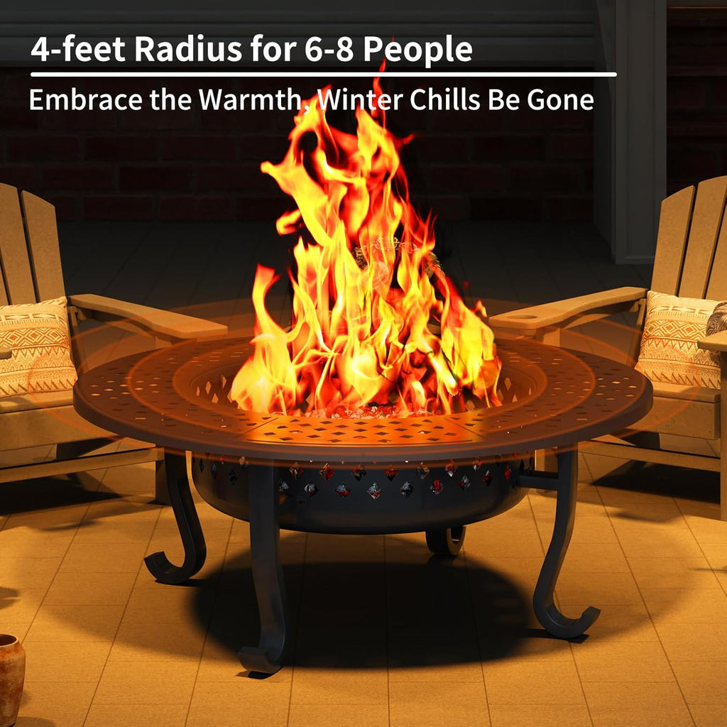 43 Inch Fire Pit with 2 Grill, Outdoor Wood Burning Firepit with Lid, Metal Round Table