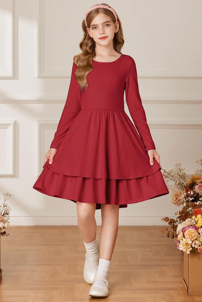 Girls Fall Dress Long Sleeve Tie Back Pockets School Party