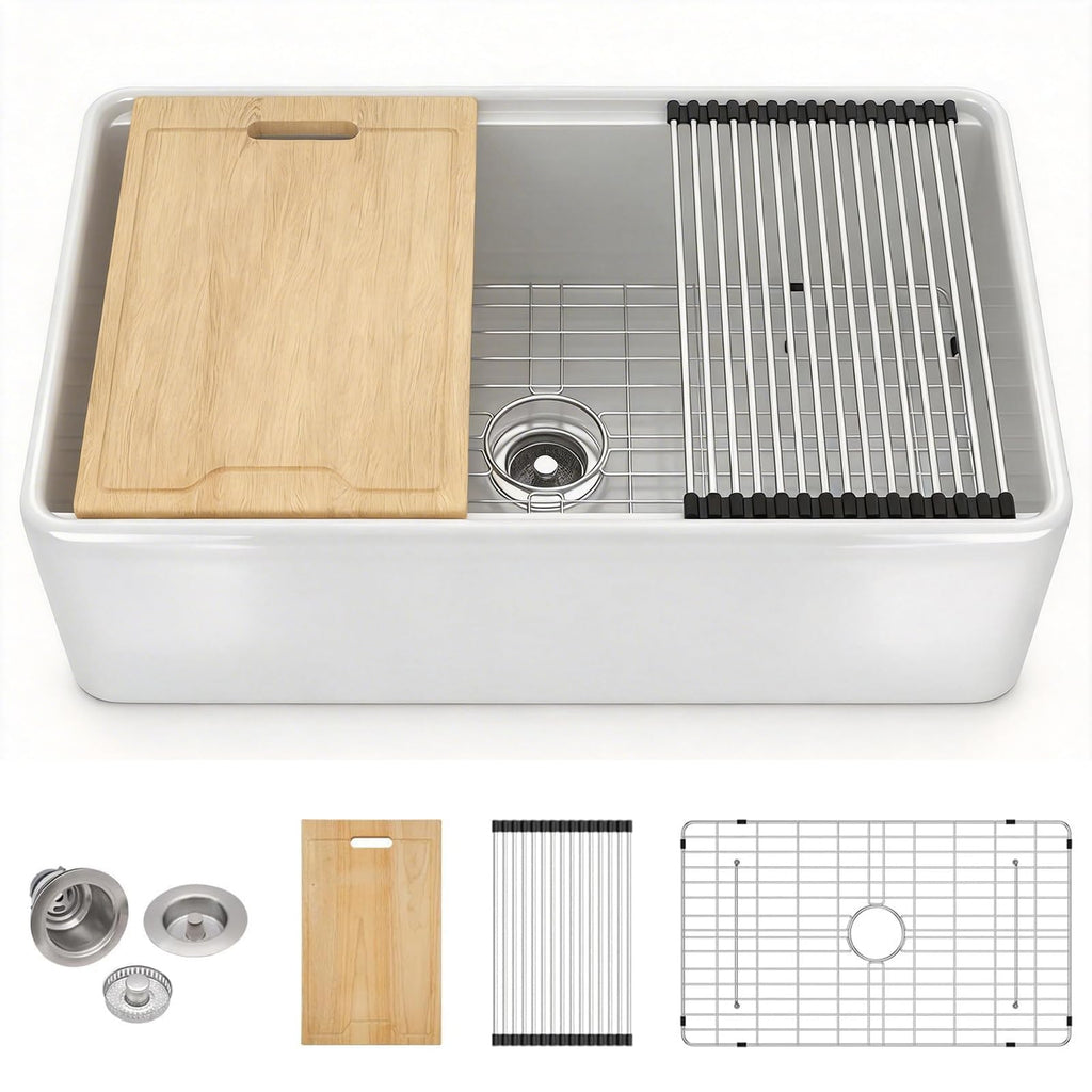 33 Inch White Farmhouse Kitchen Sink Workstation Apron Front Farm Sink with Slide Ledge Fireclay Ceramic Porcelain