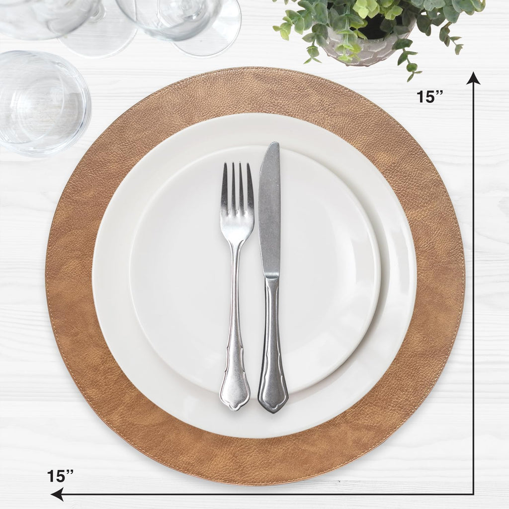Placemats Set of Round 15" Faux Leather Table Mats for Dining, Heat Resistant & Non-Slip Washable Table Decor