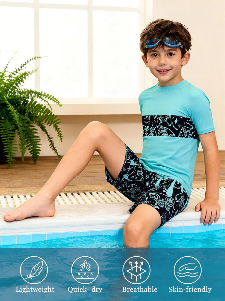 Boys Rash Guard Swimsuit Bathing Swim Trunk with Shirt 2 Piece Sets