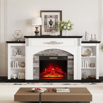 72" Electric Fireplace TV Stand with Storage, Black & White Mantel with Silver Carved Accents, Stacked Stone
