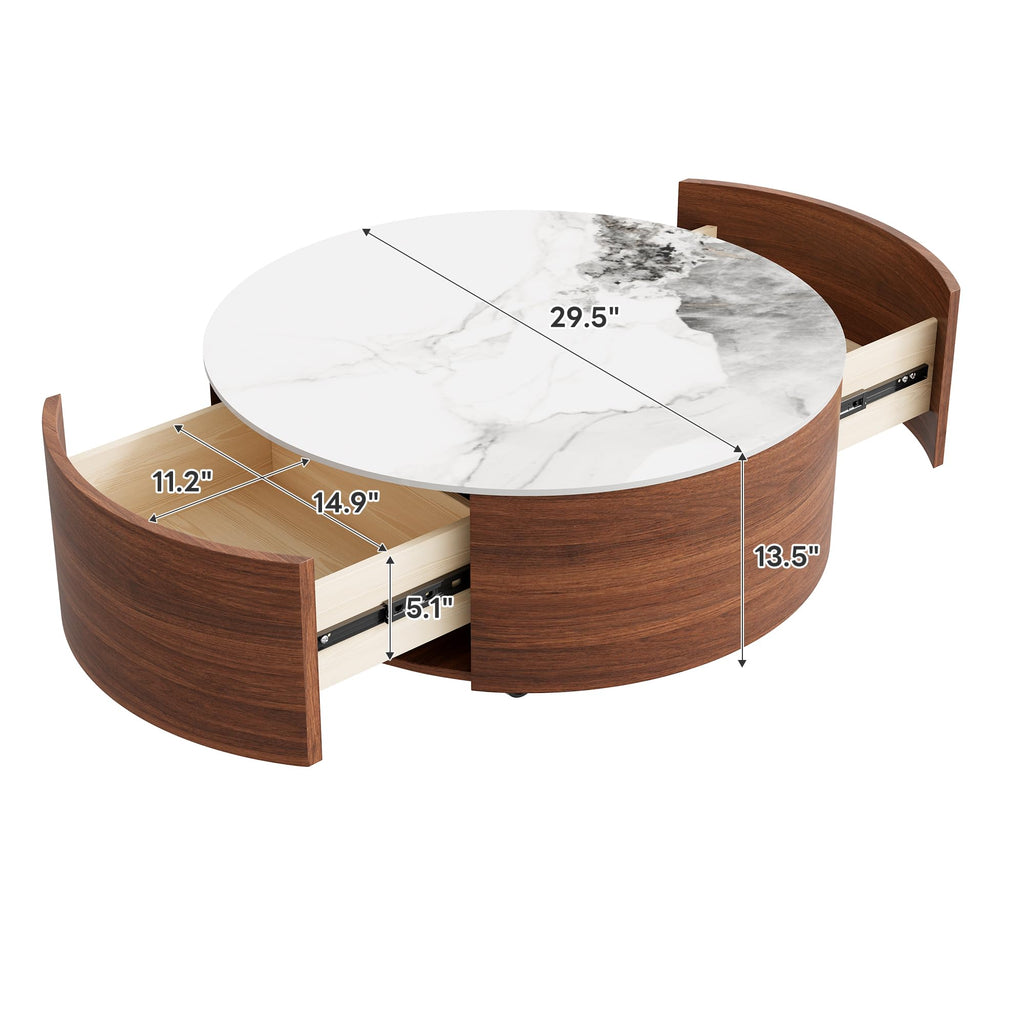 29.5'' Round with 2 Drawer Storage & Smooth-Moving Casters, Modern Fluted Wood, Sintered Stone Marble Pattern Top &