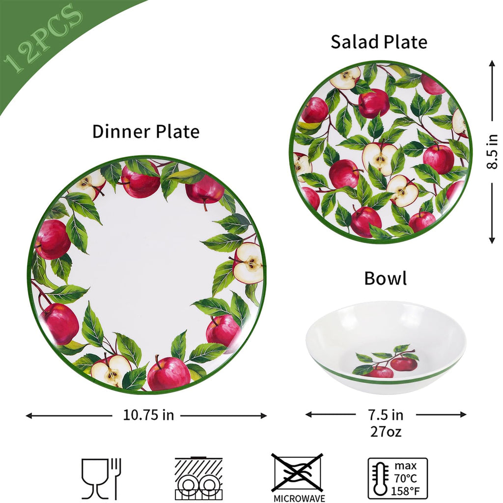 Dinnerware Sets - 12pcs Melamine Plates and Bowls (Apple Design)