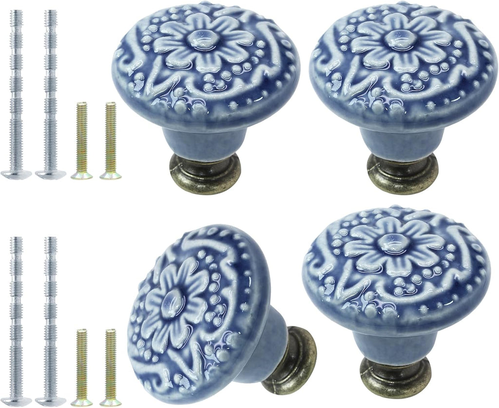 4pcs Greyish Blue Ceramic Knobs, Vintage & Retro Dresser & Cabinet Knobs & Pulls & Furniture Doors