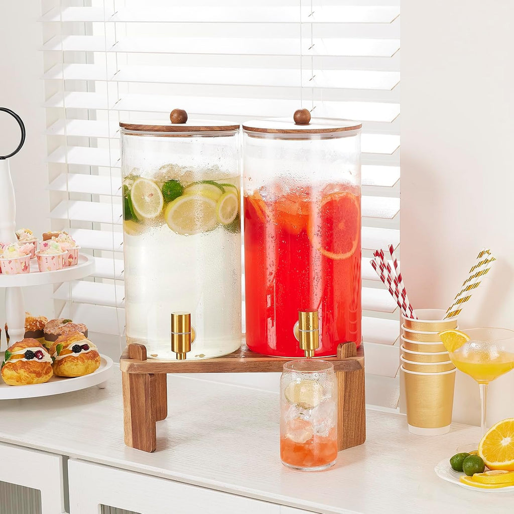 1.5 Gallon Drink Dispenser: 2P Glass Dispenser w/Wood Stand - Set of 2