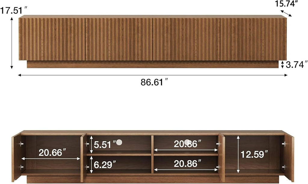 86.61" Mid-Century Modern TV Stand, Walnut Entertainment Center with 4 Doors & Adjustable Shelves, Large Wooden Media
