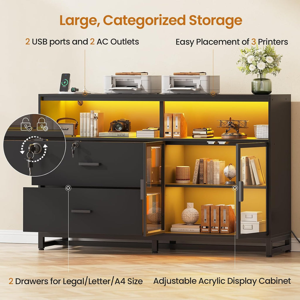 59" Filing Cabinet with Lock Drawers fits Legal Size | Black Lateral 2 Drawers File Cabinet with Acrylic Display