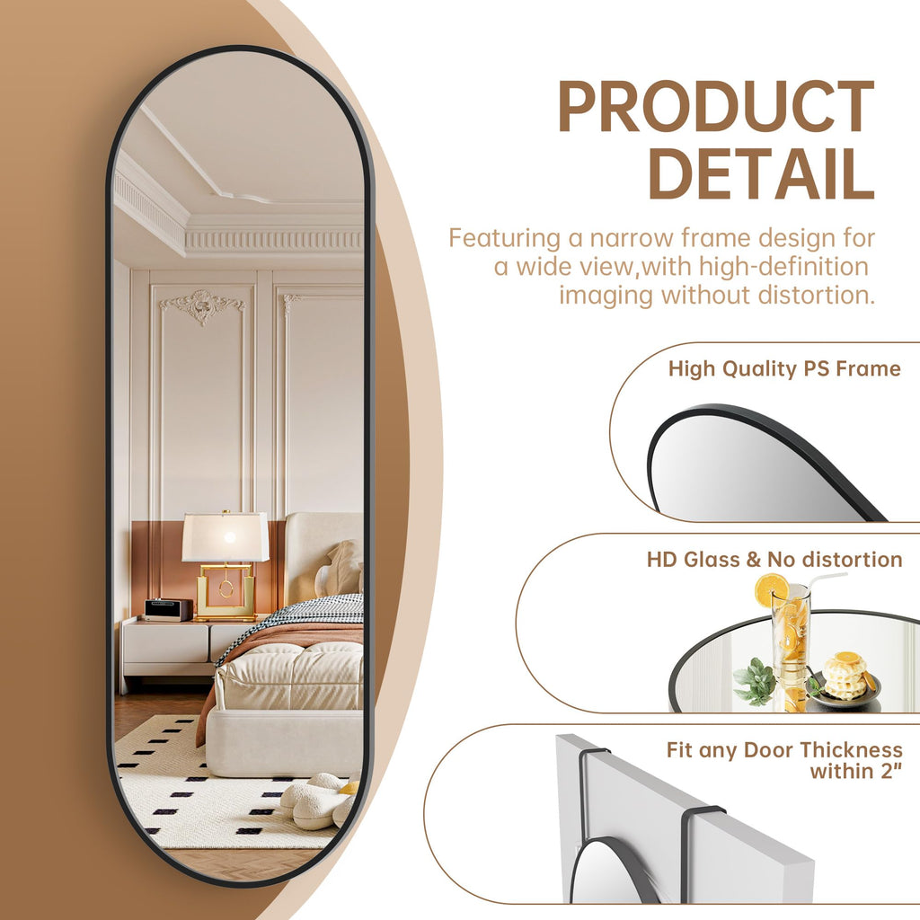 47 x 16 in Arched Over-The-Door Full-Length Mirror, Tempered Glass, Aluminum Frame - Black