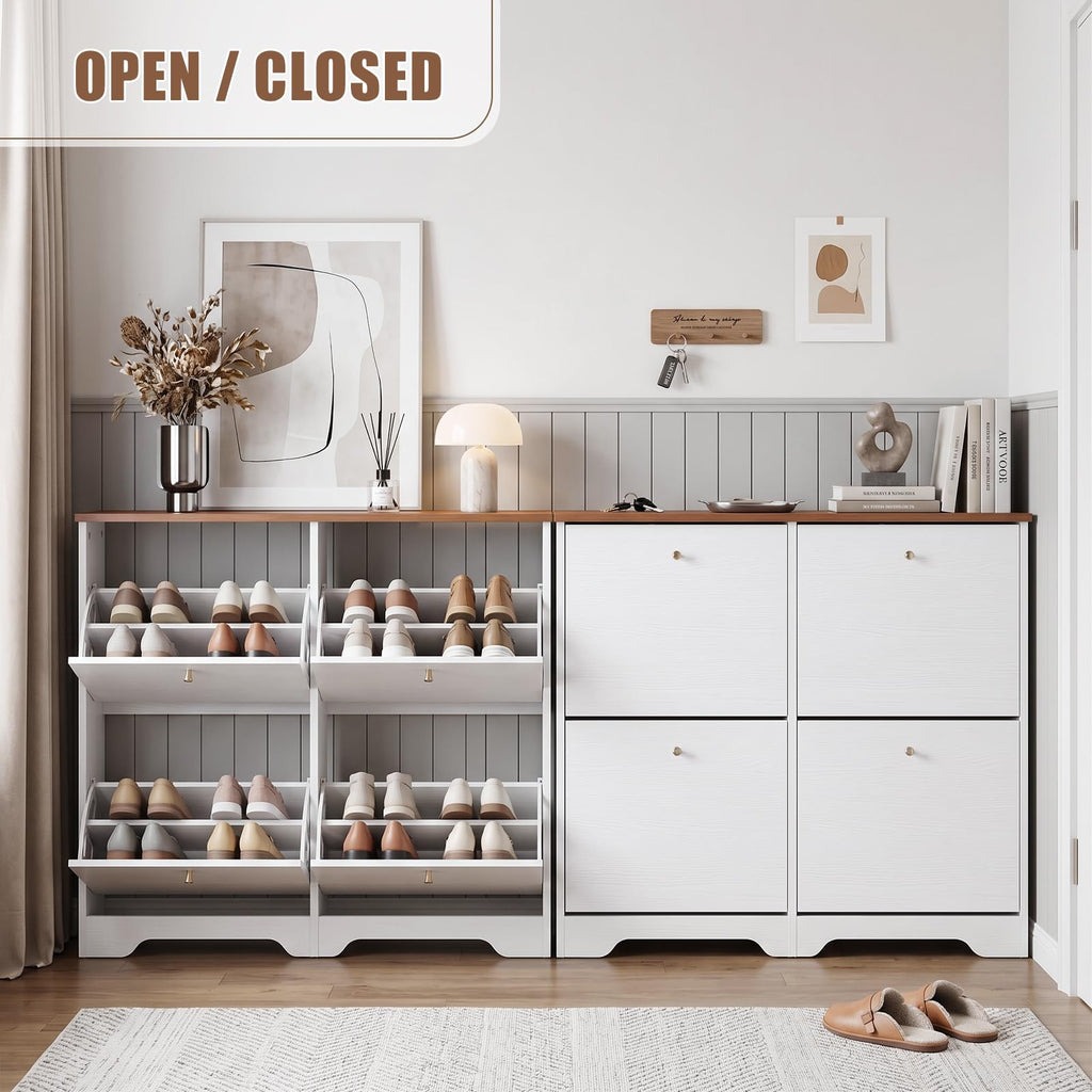 Shoe Cabinet, 4 Flip Drawers Slim White with Walnut Top Entryway