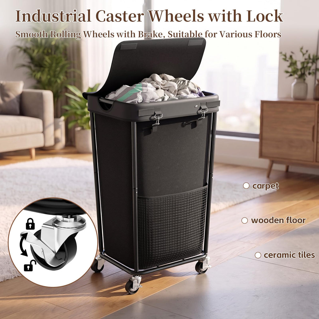 Hamper with Wheels and Lid, 110L Large Rolling Laundry Basket Black