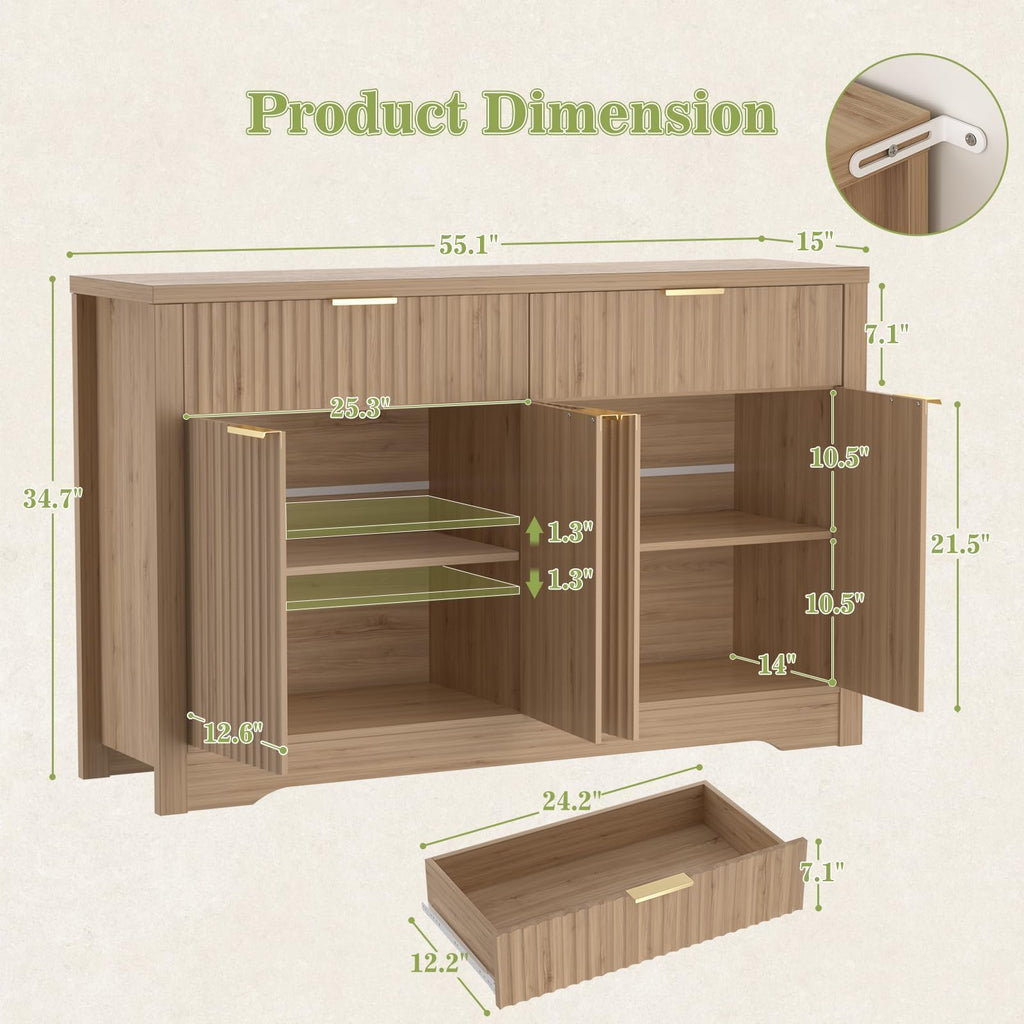 55" Fluted Sideboard Buffet Cabinet with Drawers, Natural Oak