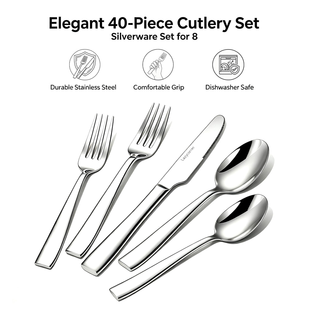 Silverware Set for 8, 40-Piece Premium Stainless Steel Flatware Set, Heavy Duty Cutlery Set with Modern Square
