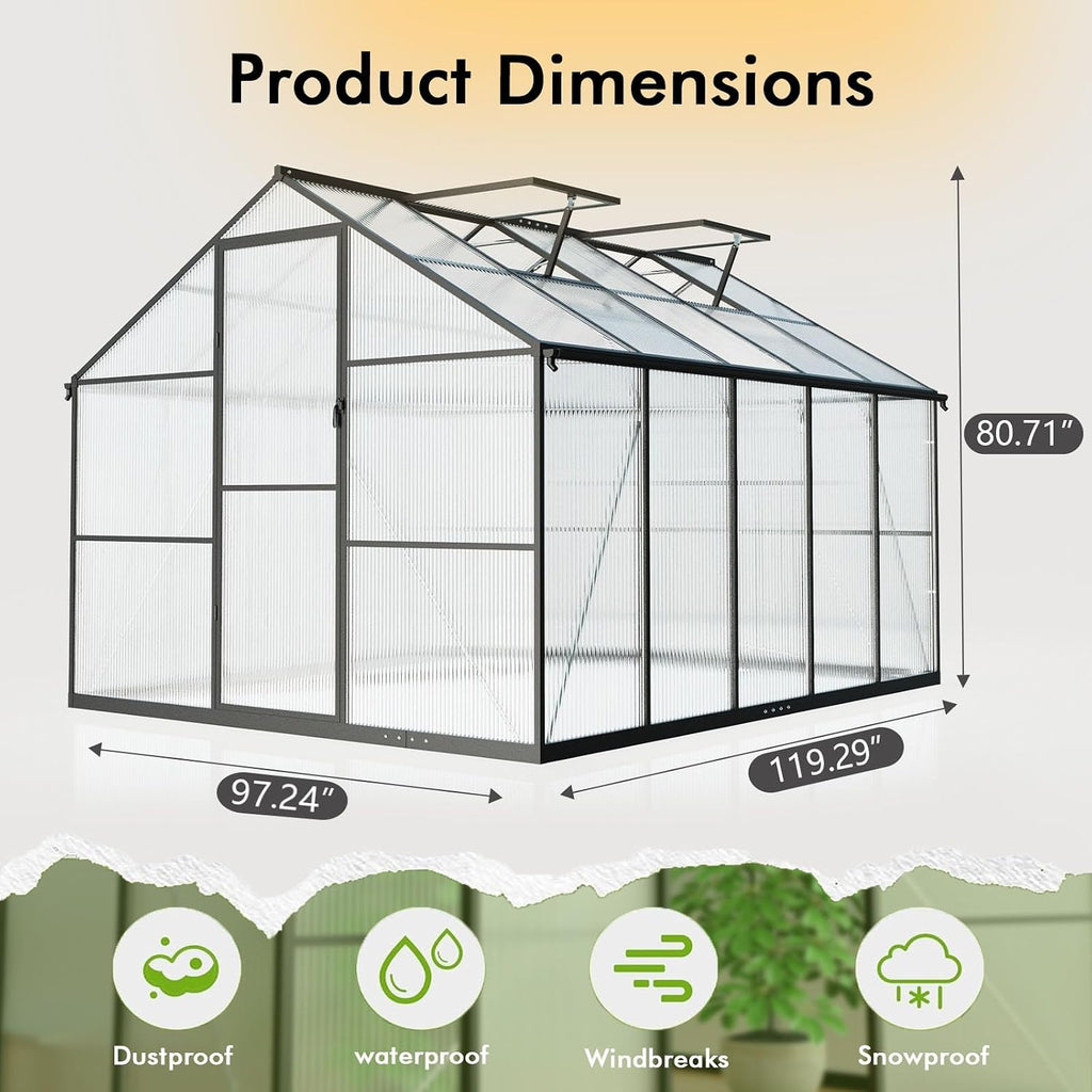 8X10FT Enhanced Aluminum Walk-in Greenhouse for Outdoors with Thermometer | Easy Assembly, UV-Resistant Panel, Rain