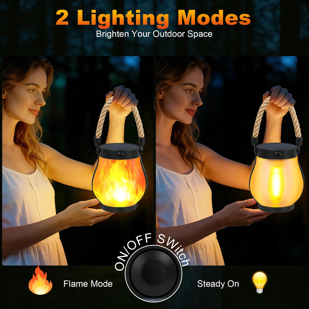 Solar Lanterns Outdoor, Ultra-Realistic Flickering Flame, USB & Solar Charging, 2 Lighting Modes, Waterproof Hanging