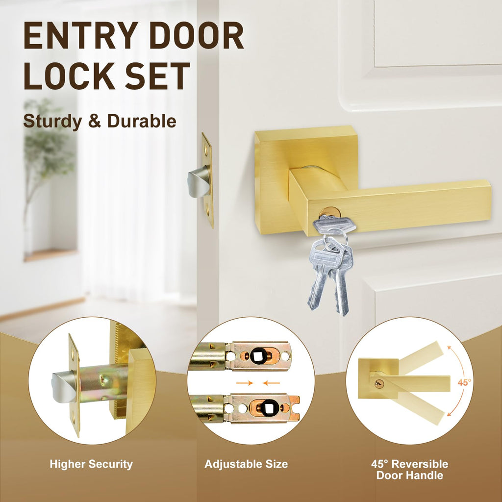 Golden Polished Brass Door Lever with Lock and Keyed
