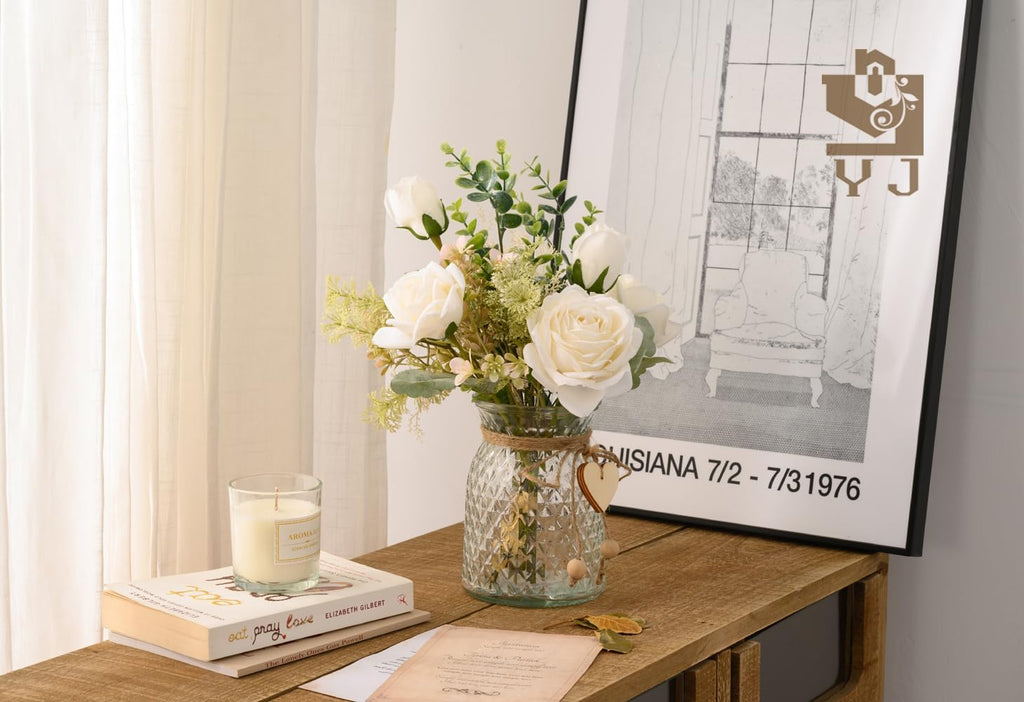 YJ Fake Flowers with Vase, Silk Roses Artificial Flowers in Vase, Faux Flower Plant Arrangement Suitable Decoration