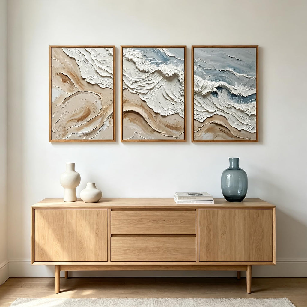 3D Textured Abstract Sea Wave Wall Art, Neutral Beige Coastal Decor