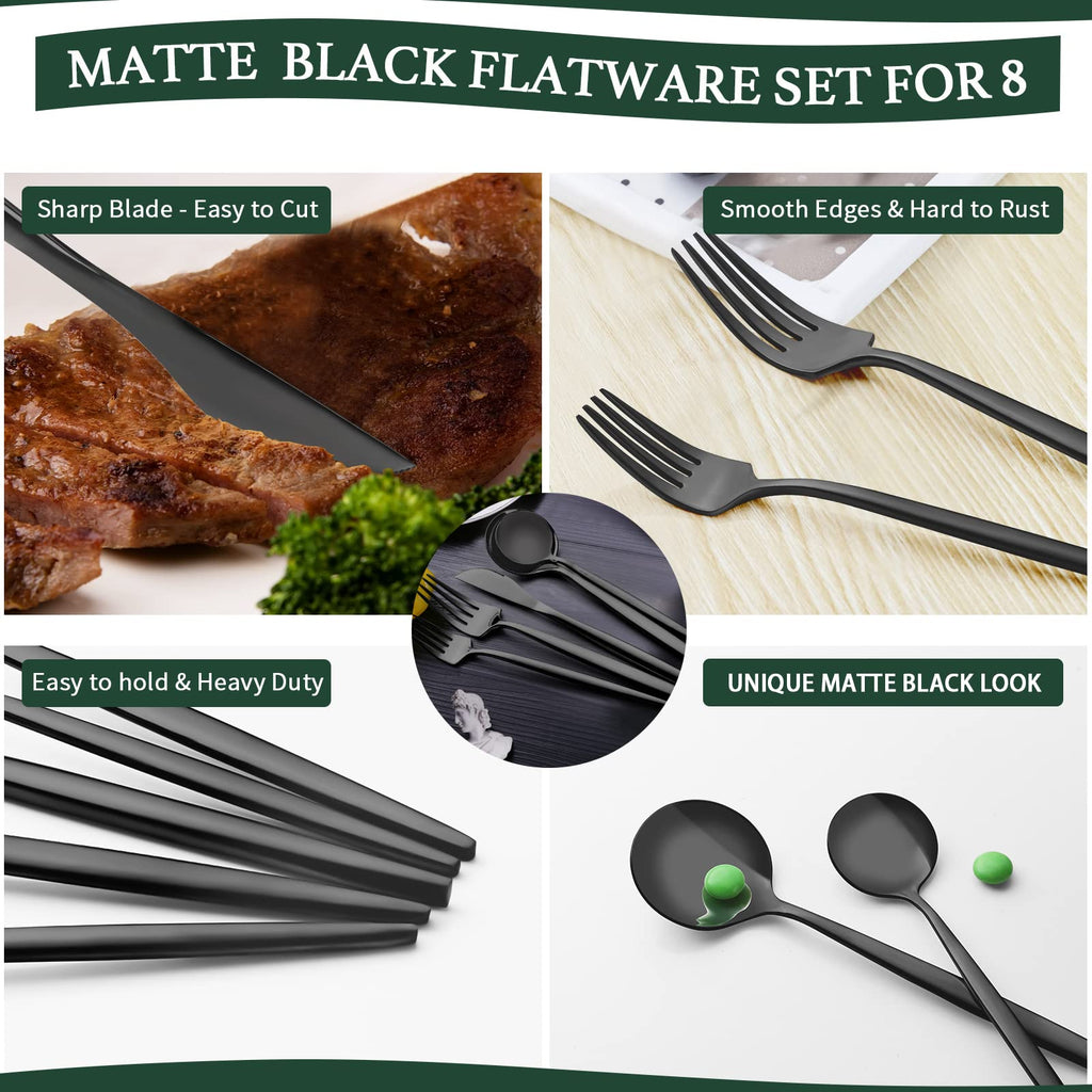 Matte Black Silverware Set for 8, Stainless Steel Flatware Cutlery Set, Cutlery Kitchen Utensils Set