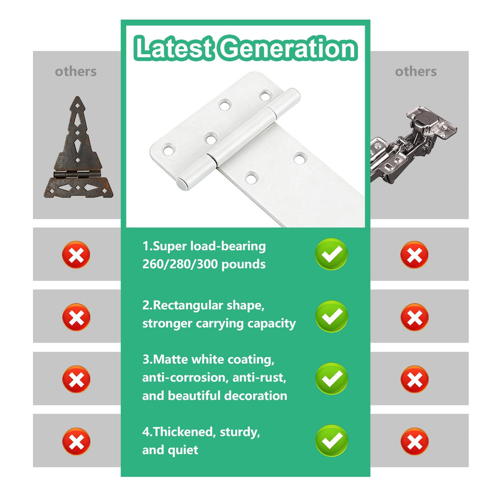 8 inch Gate Hinges, 300 Lbs Capacity, Matte White Hinges, 6 Pack Heavy Duty Door Hinge, T-Strap Shed Gate