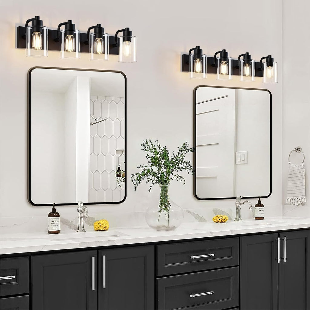 Bathroom Vanity Light, Modern Matte Black 4-Light Bathroom Lights Over Mirror with Clear Glass Shade,Wall Sconces