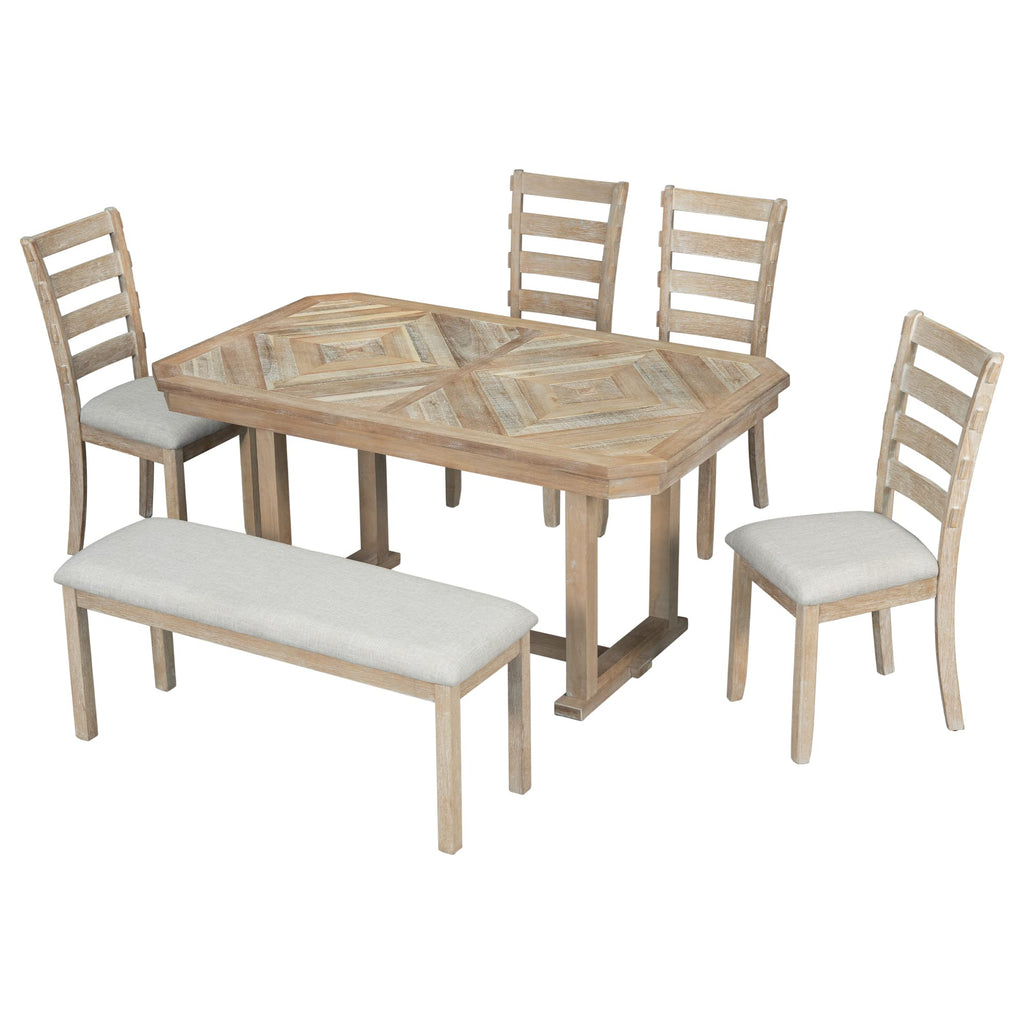 6-Piece Rubber Wood Dining Table Set with 4 Cushioned Chairs and Bench, Beautiful Wooden Grain Pattern Tabletop