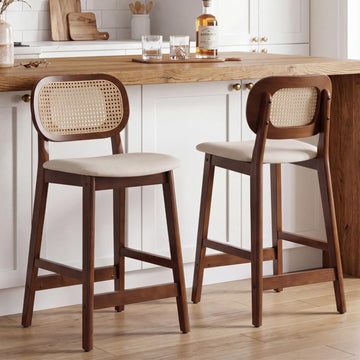 Rattan Counter Height Bar Stools Set of 2 Modern Farmhouse Walnut Wooden Barstools with Cane Backs 26 Inch Counter