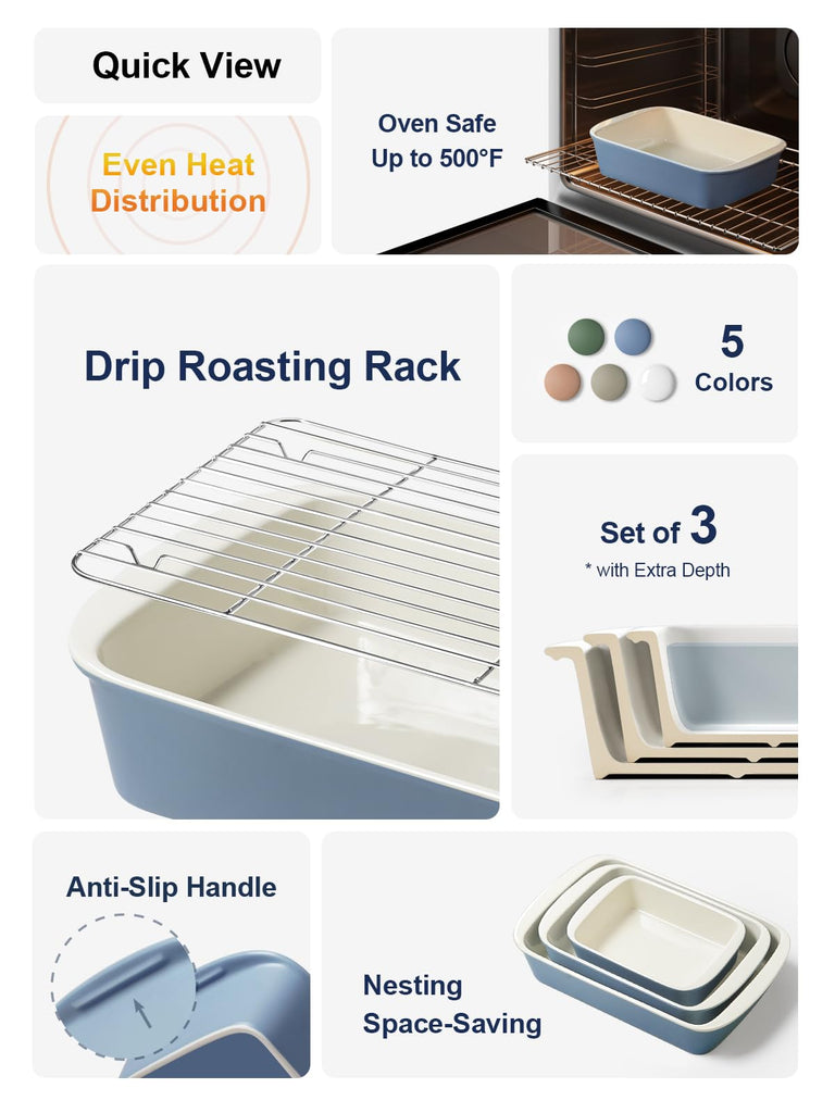 Ceramic Casserole Dishes for Oven with 304 Racks, Set of 3, Blue